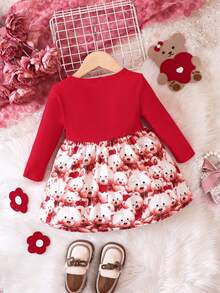 SHEIN Baby Girl Bear Print Bow Front 2 In 1 Dress - Multicolor - View 2