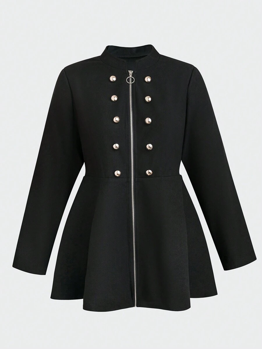 SHEIN LUNE 大碼雙排釦拉鏈開襟荷葉邊下擺外套 - 黑色 - 查看 1