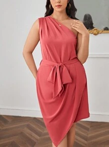 SHEIN Privé Dress Ukuran Plus Asimetris Berikat Membungkus Plain Casual - Watermelon Pink - View 3