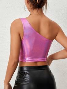 SHEIN Privé Atasan Wanita Asimetris Plain Casual - Berwarna merah muda - View 2
