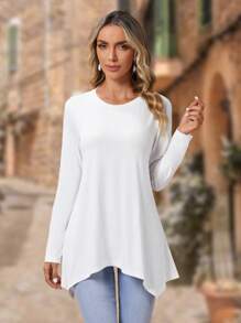 EMERY ROSE Solid Asymmetrical Hem Tee - White - View 3