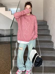 DAZY Solid Drop Shoulder Sweater Without Tee - Pink - View 3