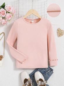 SHEIN Tween Girl Solid Lettuce Trim Tee - Baby Pink - View 1