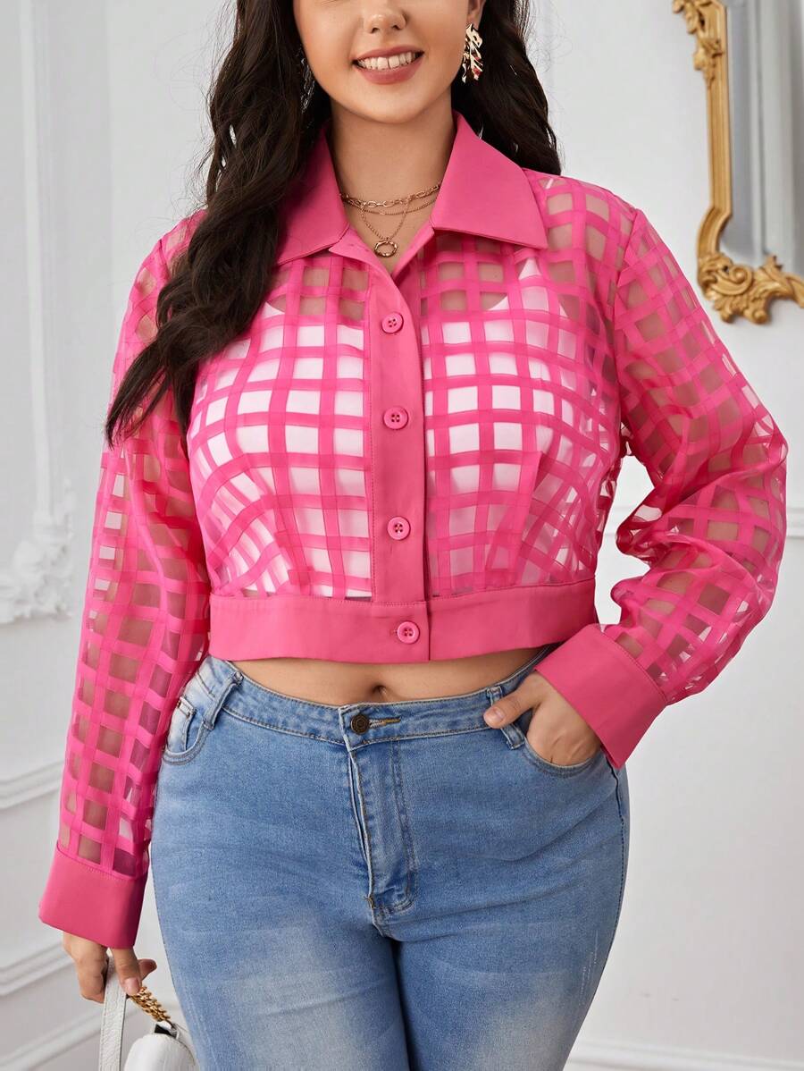 SHEIN Privé Talla grande Cazadora crop transparente - Rosa Fucsia - Ver 1