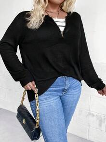 SHEIN LUNE Hơn Khóa kéo một phần tư Áo len - màu đen - Xem 8