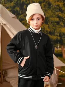 SHEIN Tween Boy 1pc Cartoon Graphic Striped Trim Slant Pockets Drop Shoulder Varsity Jacket - Black - View 6