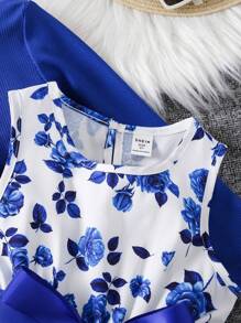 SHEIN Young Girl Floral Print Bow Front Dress & Ruffle Trim Jacket,Holiday,Summer,Travel - Blue and White - View 4
