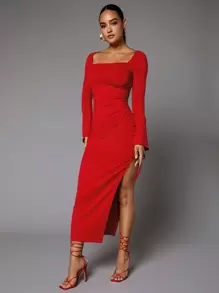 SHEIN BAE 方領喇叭袖開衩大腿洋裝 - 酒紅色 - 查看 5