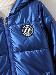 Young Boy 1pc Letter Patched Detail Zipper Hooded Padded Coat Winter - Blue - View 5