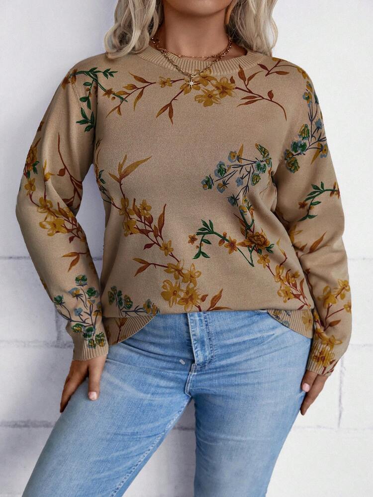 Plus Floral Pattern Sweater Knit Pullover Fall Winter Sweater