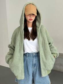 DAZY Áo khoác Teddy có dây rút có mũ trùm đầu - màu xanh lá - Xem 8