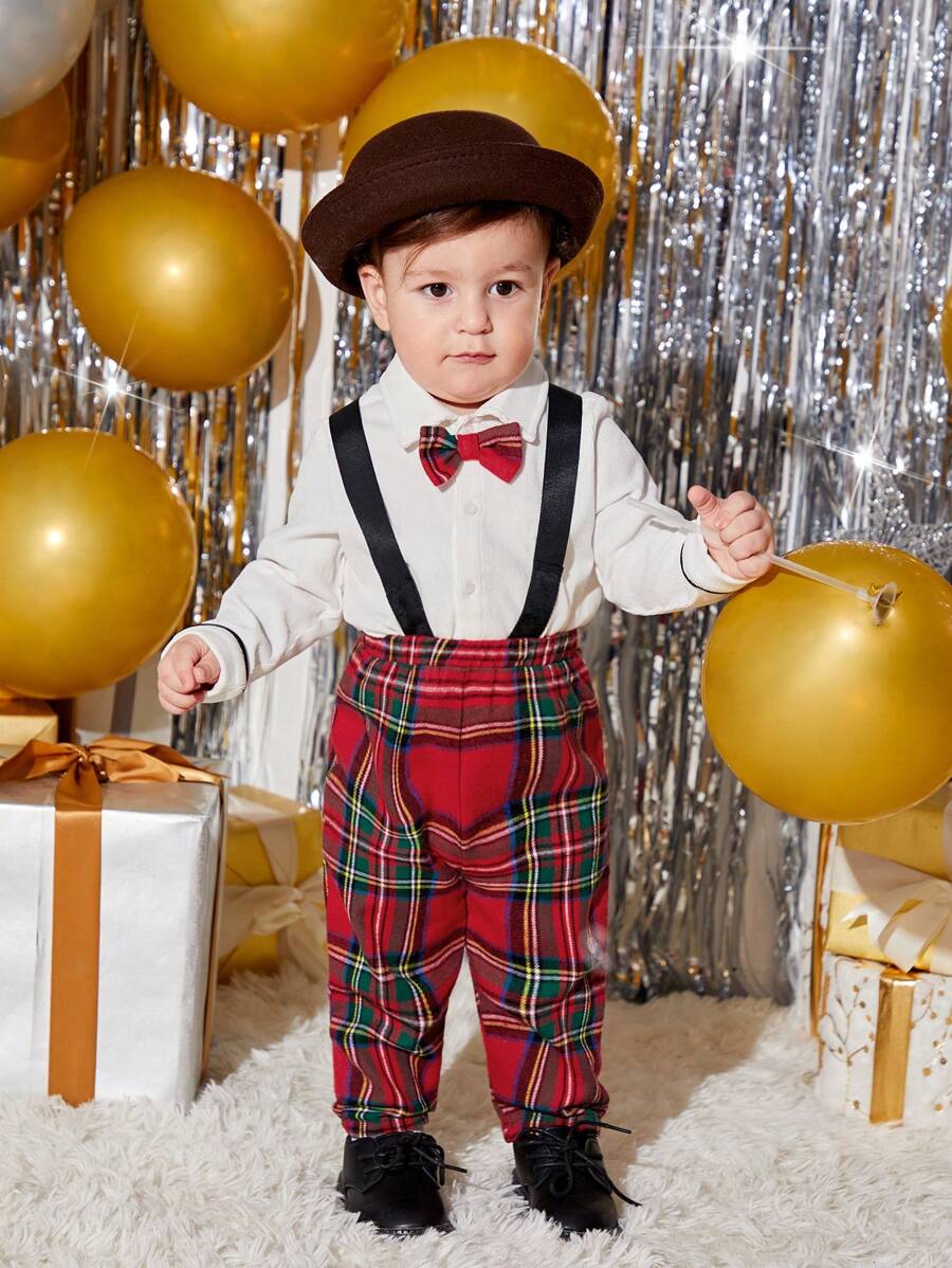SHEIN Baby Boy Tartan Print Bow Front Shirt & Suspender Pants, For Christmas Autumn Winter Clothes FGirlmen - Multicolor - View 1