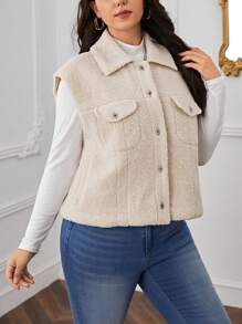 SHEIN Essnce Hơn Túi có nắp Teddy Áo khoác vest - Màu be - Xem 3