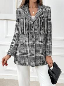 SHEIN Privé 格紋印花流蘇邊西裝外套 - 黑與白 - 查看 1