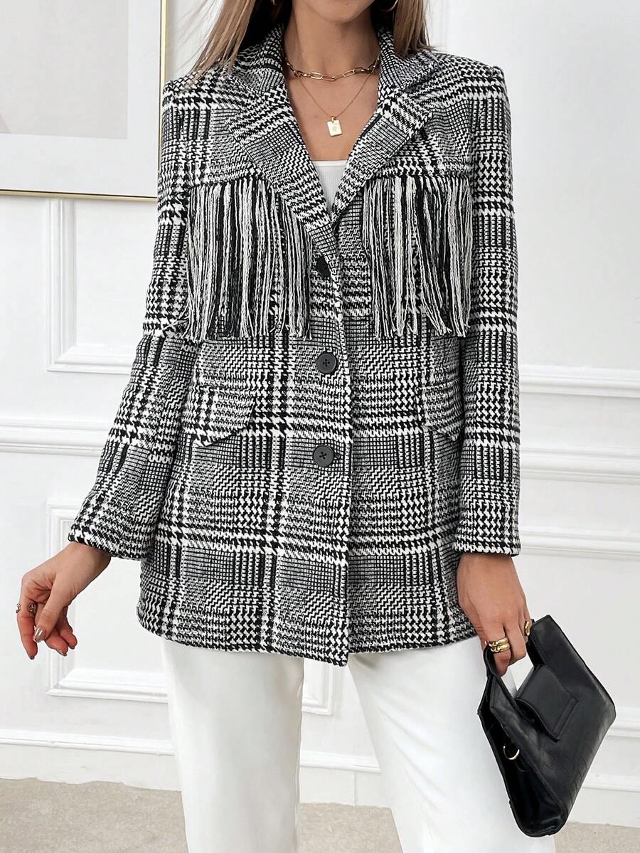 SHEIN Privé 格紋印花流蘇邊西裝外套 - 黑與白 - 查看 1