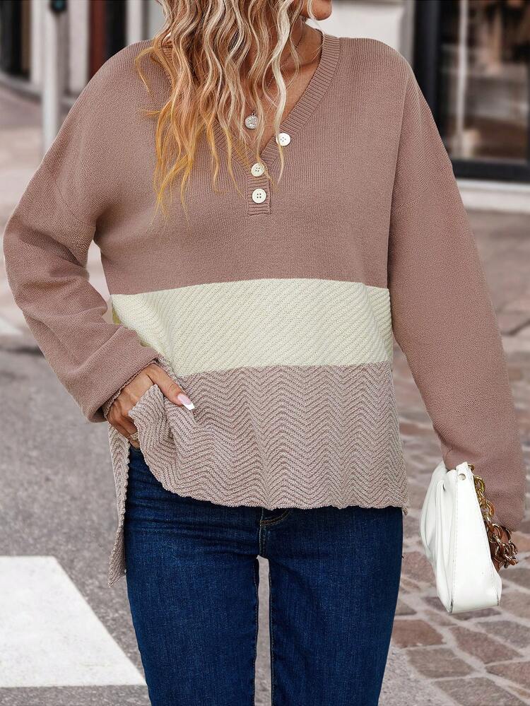 Color Block Drop Shoulder Knit Pullover Fall Winter Sweater