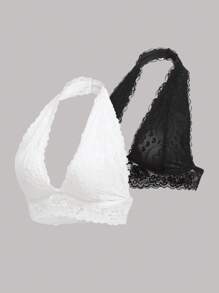 SHEIN 2 Packs Floral Lace Halter Bra Set Lingerie - Black and White - View 7