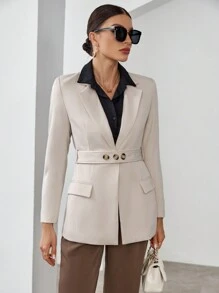 SHEIN Privé Lapel Neck Belted Blazer - Khaki - View 5