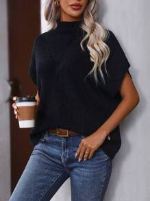 EMERY ROSE Mock Neck Batwing Sleeve Sweater Vest - Black - View 1