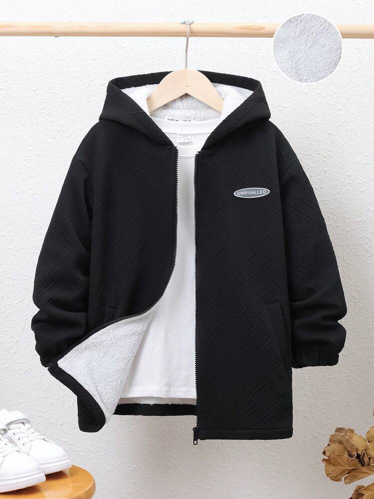 Tween Boy Loose Fit Casual Plush Hooded Black Coat