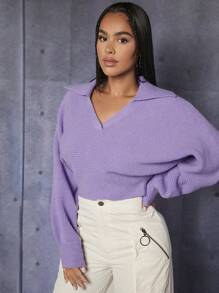 SHEIN PETITE 素色蝙蝠袖短款毛衣 - 紫丁香色 - 查看 4