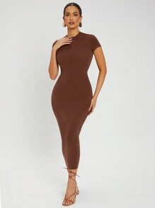 SHEIN SXY Solid Round Neck Bodycon Dress - Coffee Brown - View 4