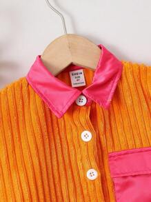 SHEIN 女小童撞色翻蓋口袋燈芯絨大衣不帶T恤 - 彩色 - 查看 3