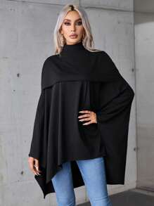 SHEIN Privé Cổ giả áo tay cánh Hem cao thấp Áo thun - màu đen - Xem 3