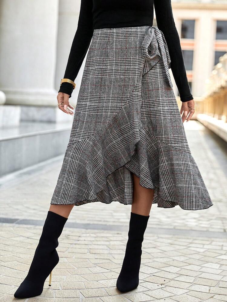 Plaid Print Ruffle Trim Wrap Knot Side Skirt