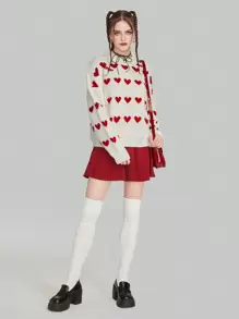 ROMWE Kawaii Heart Pattern Drop Shoulder Sweater,Long Sleeve Tops - Beige - View 3