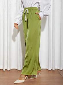 SHEIN Essnce Drawstring Waist Wide Leg Pants - Lime Green - View 2