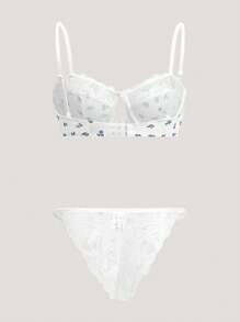 Floral Print Contrast Lace Underwire Bra & Panty Lingerie Set - White - View 9