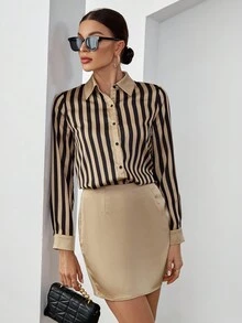 SHEIN Privé Áo Sơ Mi Sọc In Nút Phía Trước & Váy Bodycon - Nhiều màu - Xem 4
