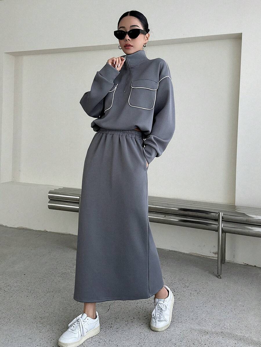 DAZY Contrast Piping Drop Shoulder Half Zip Sweatshirt & Skirt,Women Two Pieces Sets Fall,Winter Lounge Sets For Women - Grey - View 1