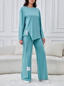 SHEIN Tall Letter Patched Drop Shoulder Tee & Pants - Mint Blue - View 1