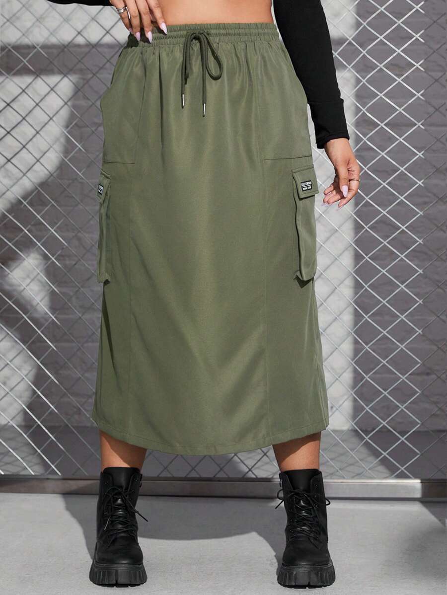 SHEIN EZwear Plus Flap Pocket Drawstring Waist Cargo Skirt - Army Green - View 1
