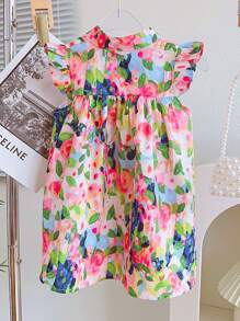 Young Girl 1Pc Flutter Sleeve Flower Printed Oil Painting Stylish Princess Dress With Sleeveless Top For Girls