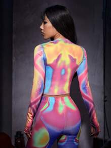 SHEIN ICON 万圣节反光体温图印花露脐T恤，霓虹发光派对 - 彩色 - 查看 7