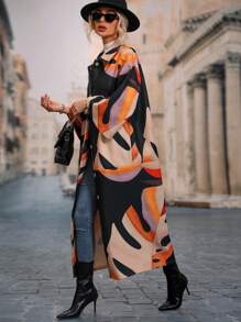 SHEIN Clasi Bản in nhiệt đới Vạt váy nút Áo khoác - màu đen - Xem 6