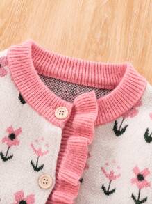 SHEIN Young Girl Floral Pattern Frill Trim Flounce Sleeve Cardigan - Pink - View 4
