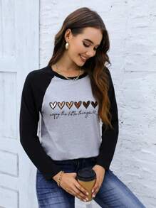 INAWLY 心形和标语图案插肩袖T恤 图案T恤 女式上衣 女式秋季服装 - 淺灰色 - 查看 1