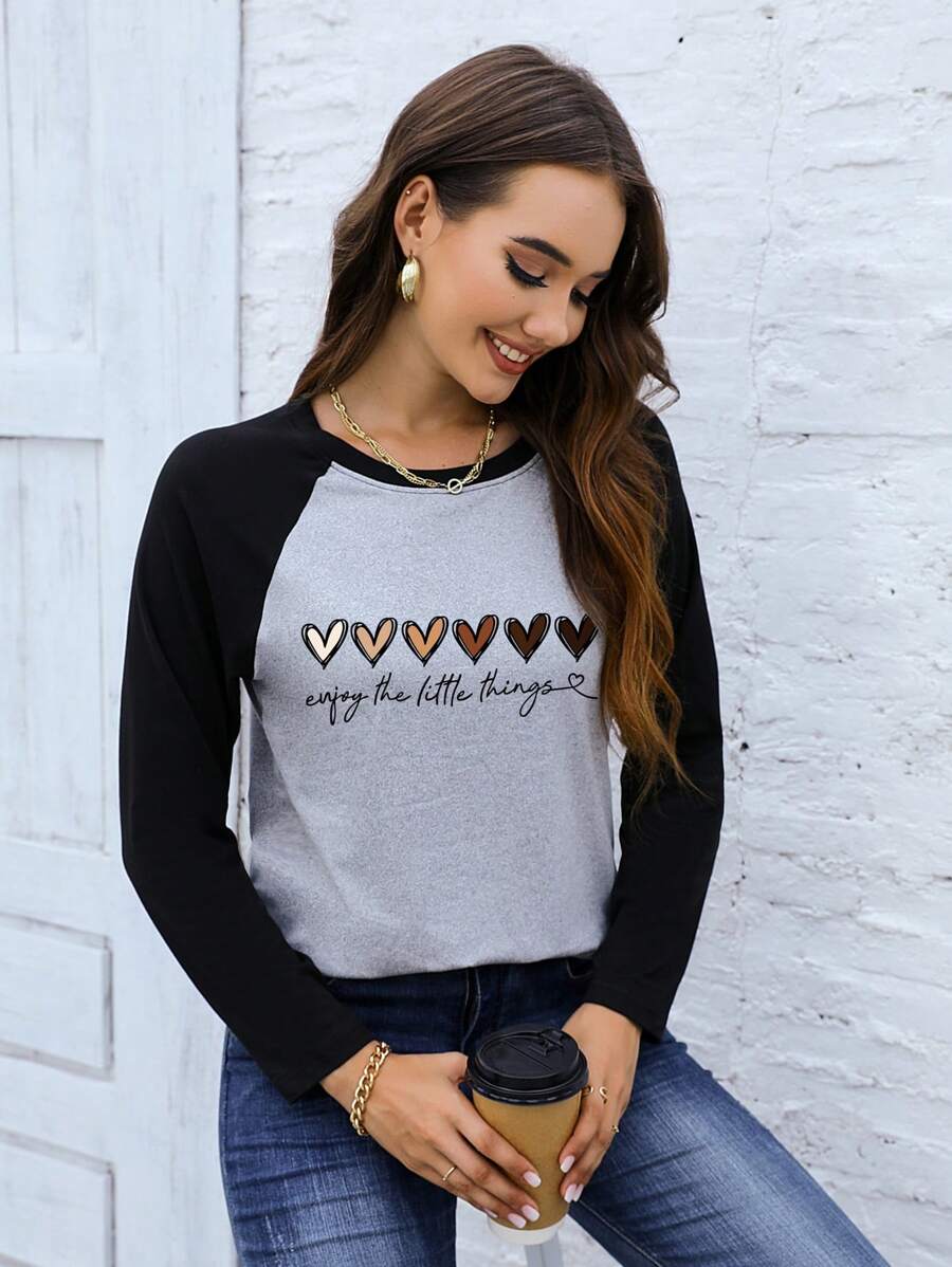 INAWLY 心形和标语图案插肩袖T恤 图案T恤 女式上衣 女式秋季服装 - 淺灰色 - 查看 1