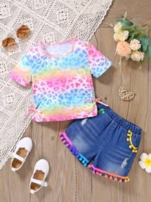 SHEIN 年輕女孩豹紋t恤和破洞牛仔短褲