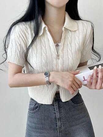 女士休闲纯色短袖双拉链开衫，夏季