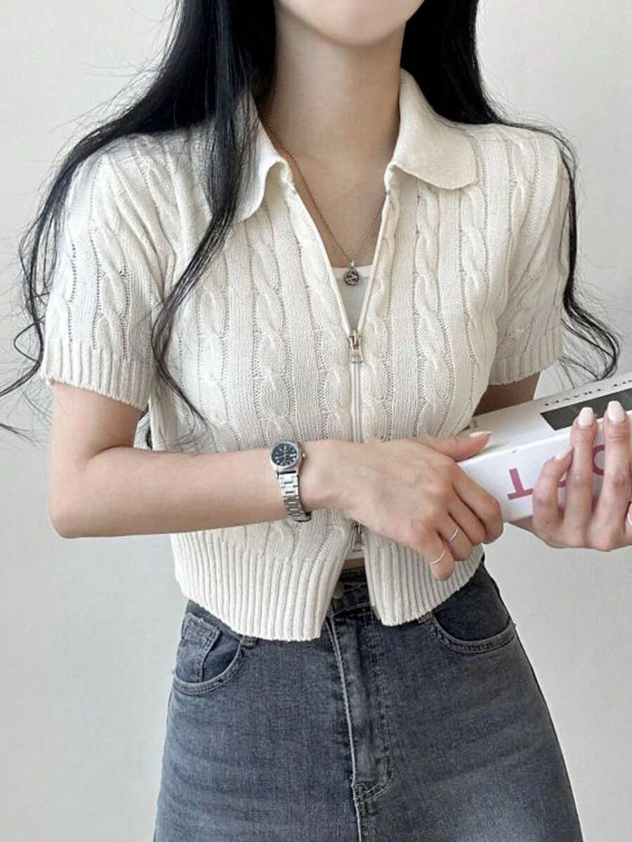 Áo khoác cardigan nữ tay ngắn trơn, kiểu dáng thường ngày, có khóa kéo đôi, màu trắng mùa hè. - trắng - Xem 1