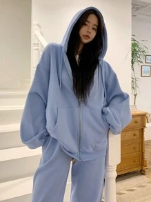 DAZY Của phụ nữ Màu thuần Thả vai Áo nỉ có mũ Với dây kéo - Màu xanh lam - Xem 5