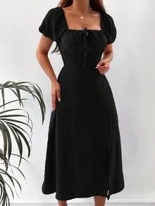 EURMUSE Tie Front Split Thigh Puff Sleeve Dress - Black - View 5