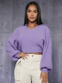 SHEIN PETITE 素色蝙蝠袖短款毛衣 - 紫丁香色 - 查看 1