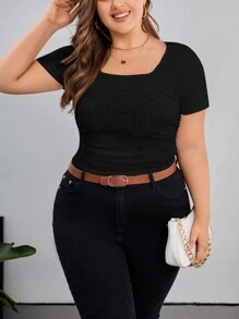 SHEIN Essnce Plus Solid Ruched Side Tee - Black - View 3