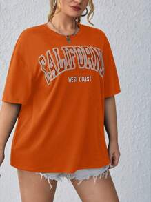 SHEIN EZwear Plus Letter Graphic Drop Shoulder Tee - Orange - View 4